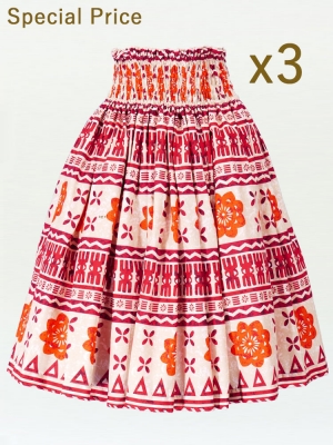 3-PIECE SET / Hula Pa'u Skirt with Kahiko Print / Red /J2205-3