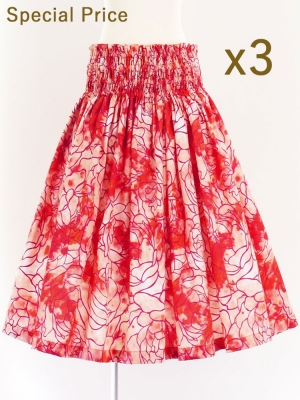 3-PIECE SET / Hula Pa'u Skirt / Rose Print / Red / J2611-3