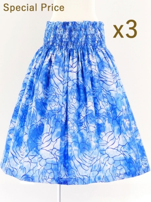 3-PIECE SET / Hula Pa'u Skirt / Rose Print / Blue / J2615-3