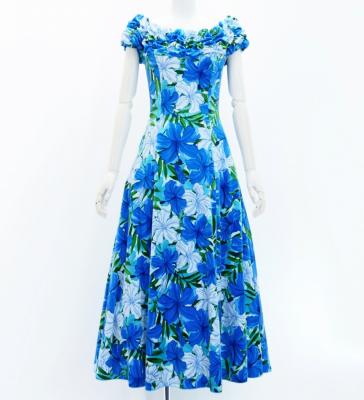 Hula Long Dress with Hibiscus Print / Luxury Collection / Blue / J2834bl