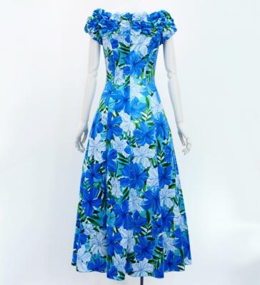 Hula Long Dress with Hibiscus Print / Luxury Collection / Blue / J2834bl