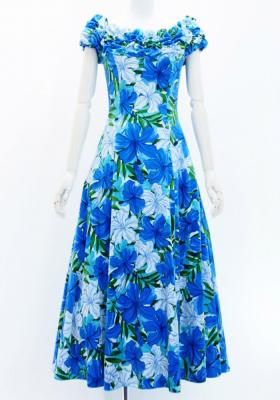 Hula Long Dress with Hibiscus Print / Luxury Collection / Blue / J2834bl