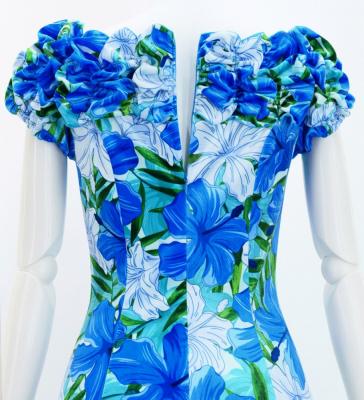 Hula Long Dress with Hibiscus Print / Luxury Collection / Blue / J2834bl