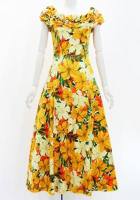 Hula Long Dress with Hibiscus Print / Luxury Collection / Yellow / J2834ye