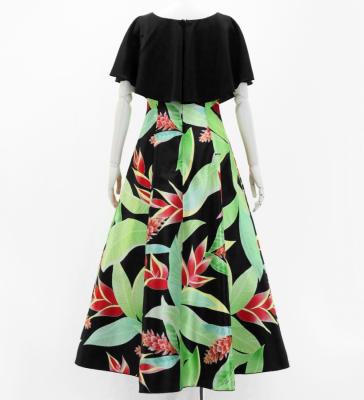 Hula Cape Long Dress with Heliconia Print / Luxury Collection / Black / J2873bk