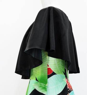 Hula Cape Long Dress with Heliconia Print / Luxury Collection / Black / J2873bk