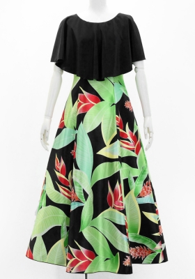 Hula Cape Long Dress with Heliconia Print / Luxury Collection / Black / J2873bk