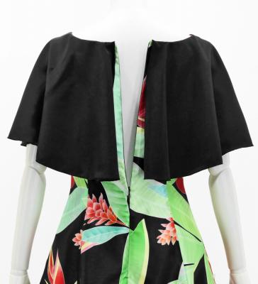 Hula Cape Long Dress with Heliconia Print / Luxury Collection / Black / J2873bk