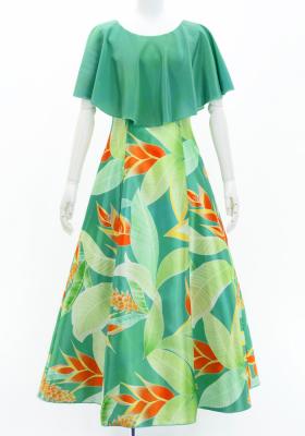 Hula Cape Long Dress with Heliconia Print / Luxury Collection / Green / J2873gr