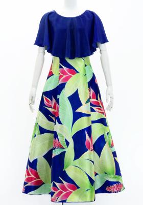 Hula Cape Long Dress with Heliconia Print / Luxury Collection / Navy / J2873nv