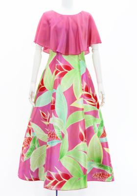Hula Cape Long Dress with Heliconia Print / Luxury Collection / Pink / J2873pi