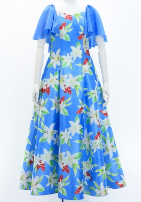 Hula Frill Sleeve Long Dress with Lily Print / Luxury Collection / Blue / J2874bl