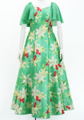 Hula Frill Sleeve Long Dress with Lily Print / Luxury Collection / Green / J2874gr