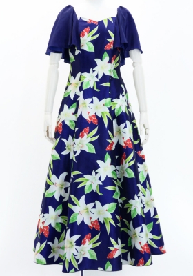 Hula Frill Sleeve Long Dress with Lily Print / Luxury Collection / Navy / J2874nv