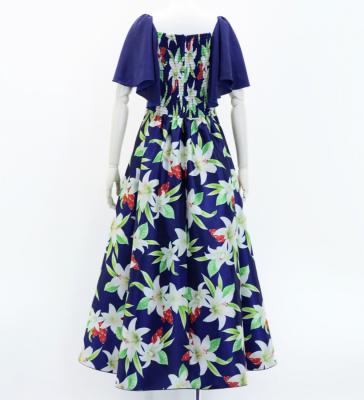 Hula Frill Sleeve Long Dress with Lily Print / Luxury Collection / Navy / J2874nv