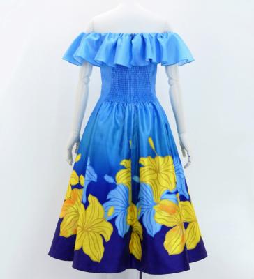 Hula Midi Dress with Hibiscus Print / Luxury Collection / Blue / J2915bl