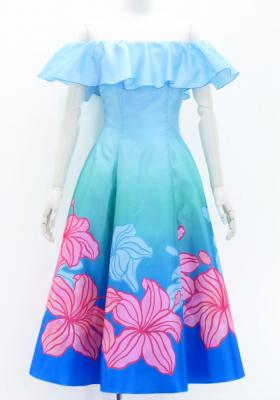 Hula Midi Dress with Hibiscus Print / Luxury Collection / Light Blue / J2915lbl