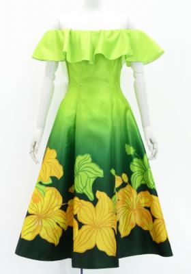 Hula Midi Dress with Hibiscus Print / Luxury Collection / Yellow Green / J2915yegr