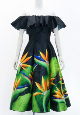 Hula Midi Dress with Strelitzia Print / Luxury Collection / Black / J2952bk