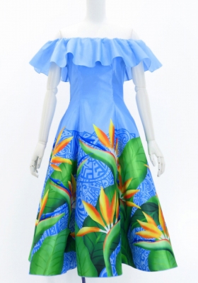 Hula Midi Dress with Strelitzia Print / Luxury Collection / Light Blue / J2952lbl