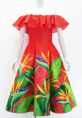 Hula Midi Dress with Strelitzia Print / Luxury Collection / Red / J2952rd