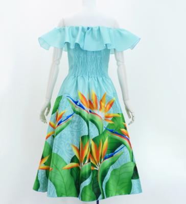 Hula Midi Dress with Strelitzia Print / Luxury Collection / Turquoise Blue / J2952tbl