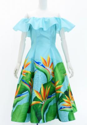 Hula Midi Dress with Strelitzia Print / Luxury Collection / Turquoise Blue / J2952tbl