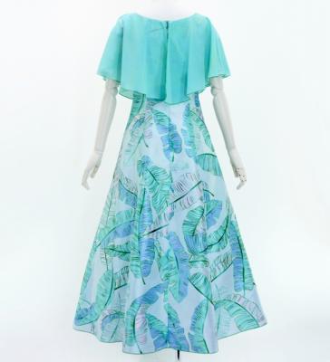 Hula Cape Long Dress with Banana Leaf Print / Luxury Collection / Blue / J3036bl