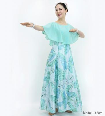 Hula Cape Long Dress with Banana Leaf Print / Luxury Collection / Blue / J3036bl