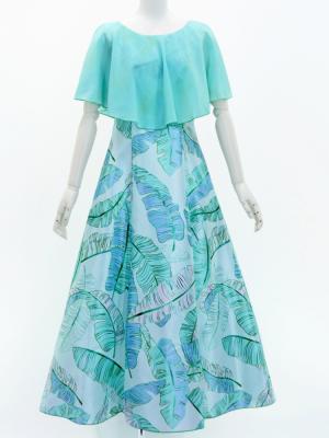 Hula Cape Long Dress with Banana Leaf Print / Luxury Collection / Blue / J3036bl