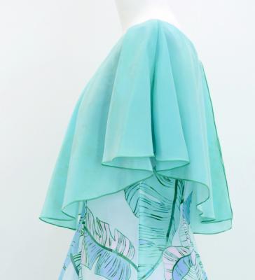 Hula Cape Long Dress with Banana Leaf Print / Luxury Collection / Blue / J3036bl