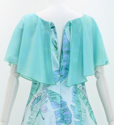 Hula Cape Long Dress with Banana Leaf Print / Luxury Collection / Blue / J3036bl