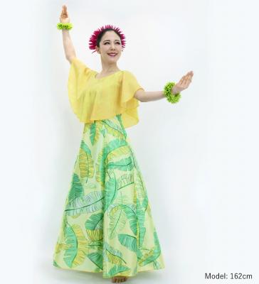 Hula Cape Long Dress with Banana Leaf Print / Luxury Collection / Cream & Green / J3036crgr