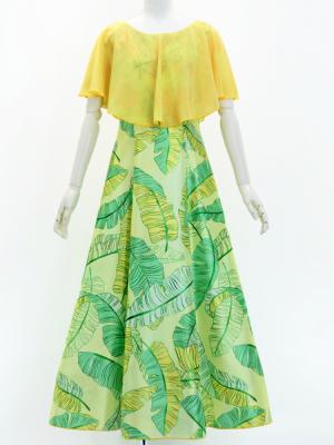 Hula Cape Long Dress with Banana Leaf Print / Luxury Collection / Cream & Green / J3036crgr