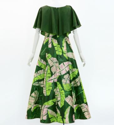 Hula Cape Long Dress with Banana Leaf Print / Luxury Collection / Green / J3036gr