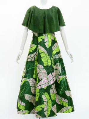 Hula Cape Long Dress with Banana Leaf Print / Luxury Collection / Green / J3036gr