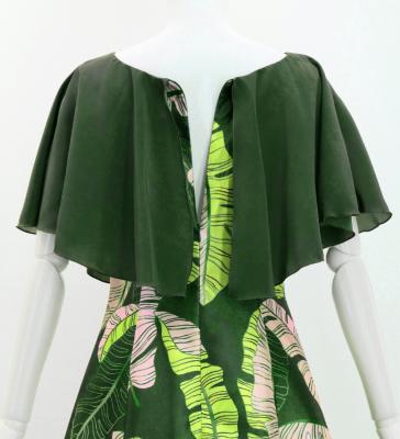 Hula Cape Long Dress with Banana Leaf Print / Luxury Collection / Green / J3036gr