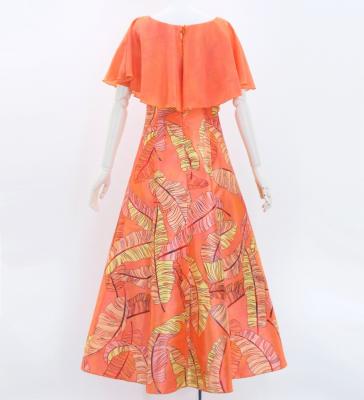 Hula Cape Long Dress with Banana Leaf Print / Luxury Collection / Orange / J3036or