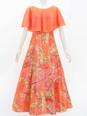 Hula Cape Long Dress with Banana Leaf Print / Luxury Collection / Orange / J3036or