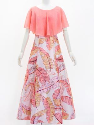 Hula Cape Long Dress with Banana Leaf Print / Luxury Collection / Pink / J3036pi
