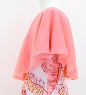 Hula Cape Long Dress with Banana Leaf Print / Luxury Collection / Pink / J3036pi