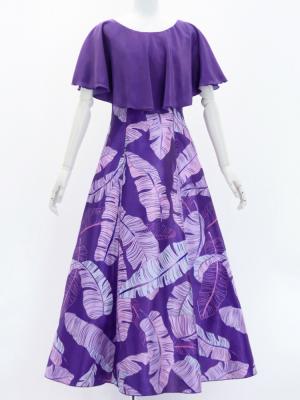 Hula Cape Long Dress with Banana Leaf Print / Luxury Collection / Purple / J3036pu