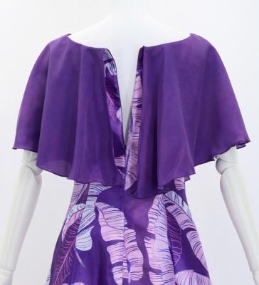 Hula Cape Long Dress with Banana Leaf Print / Luxury Collection / Purple / J3036pu