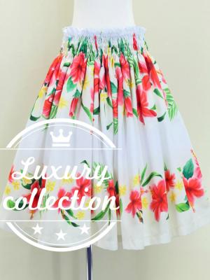 Hula Shantung Pa'u Skirt with Hibiscus & Plumeria Print / Luxury Collection / Beige / J3039be