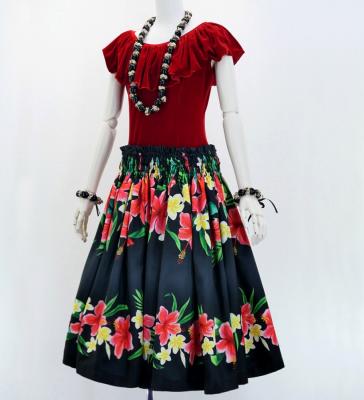 Hula Shantung Pa'u Skirt with Hibiscus & Plumeria Print / Luxury Collection / Black / J3039bk