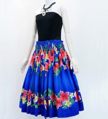 Hula Shantung Pa'u Skirt with Hibiscus & Plumeria Print / Luxury Collection / Blue / J3039bl