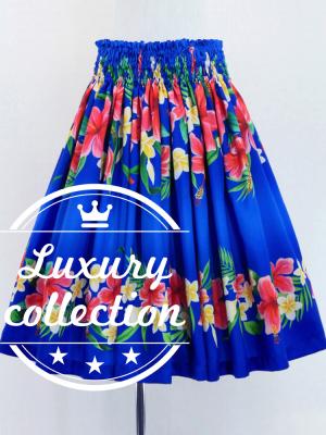 Hula Shantung Pa'u Skirt with Hibiscus & Plumeria Print / Luxury Collection / Blue / J3039bl
