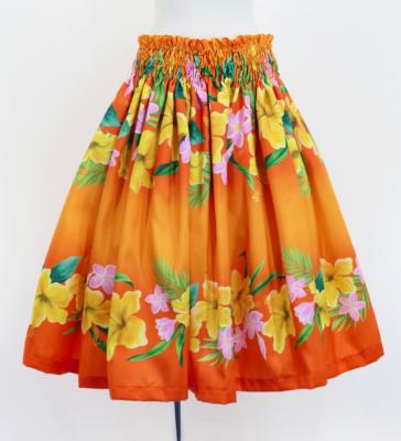 Hula Shantung Pa'u Skirt with Hibiscus & Plumeria Print / Luxury Collection / Orange / J3039or