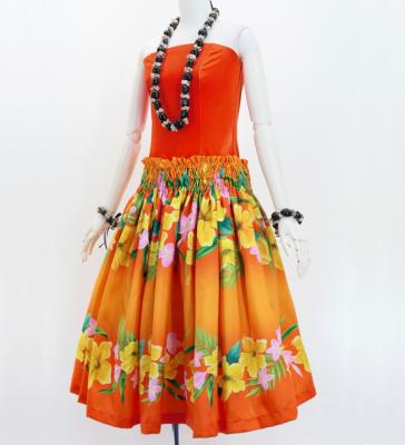 Hula Shantung Pa'u Skirt with Hibiscus & Plumeria Print / Luxury Collection / Orange / J3039or
