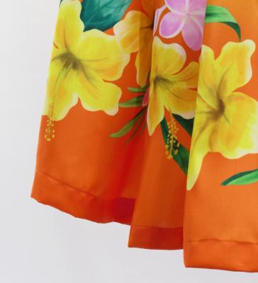 Hula Shantung Pa'u Skirt with Hibiscus & Plumeria Print / Luxury Collection / Orange / J3039or